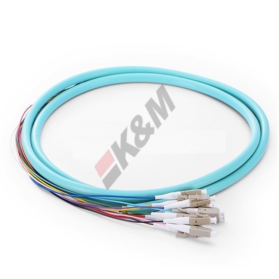 1M 12 fibras LC/UPC 10 50/125 OM3 multimodo manojo fibra óptica flexible de conexión - chaqueta de LSZH de 0,9 mm